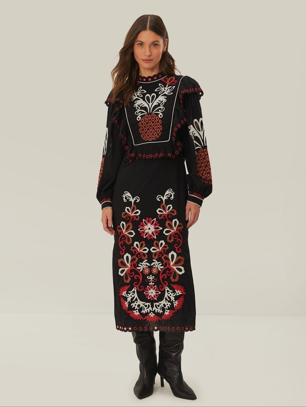 NWT Farm Rio Cashew Mandala Richelieu Long Sleeve Maxi Dress Black Size M $398